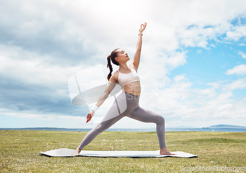 Image of Yoga, stretching or zen woman in garden, nature environment or sustainability landscape in relax fitness or workout training. Calm, peace or pilates yogi in park, chakra balance or wellness exercise