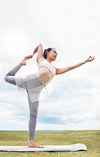 Image of Fitness, pilates stretching and woman in park for outdoor wellness, mindfulness and healthy lifestyle with clouds sky mock up. Sports, yoga and balance person on field exercise or workout training