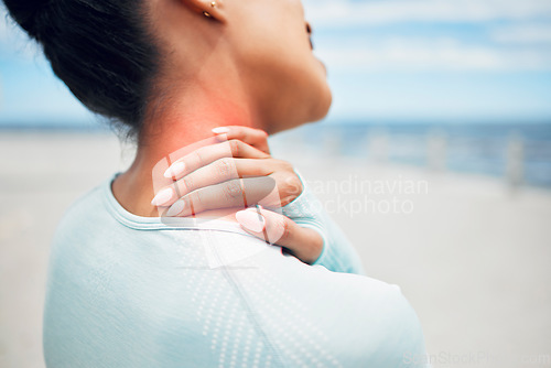 Image of Fitness, sports and injury, woman with neck pain on outdoor workout closeup. Workout pain, girl with hand on neck and swollen red shoulder muscle for massage, physical therapy or medical attention.