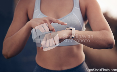 Image of Fitness, time and woman runner with a smartwatch tracking running performance, heart rate and monitor training data. Sports, pointing and female athlete checking exercise or cardio workout progress