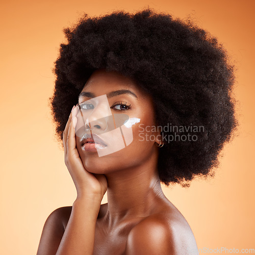 Image of Black woman, beauty and cream skincare and face, natural cosmetic advertising portrait. Skin, model and moisturizer, glow and fresh, cosmetology with facial and body care product marketing.