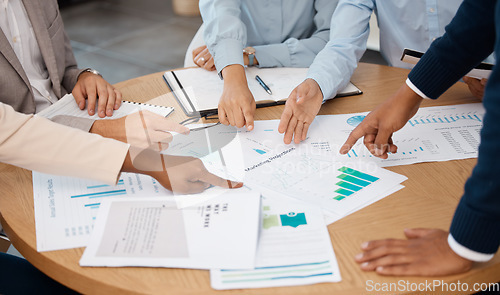 Image of Collaboration, data and hands of business people team work on chart analytics of user trends for marketing strategy. Planning meeting, communication and diversity group working on global advertising