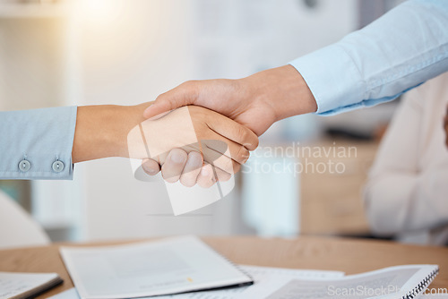 Image of Contract, deal and handshake business people for partnership, agreement or b2b client welcome meeting, Team, lawyer or manager shaking hands in onboarding interview, thank you or work collaboration