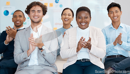 Image of Business audience, applause and diversity people clapping hands for collaboration success and achievement at training meeting or celebration. Men and women clap for seminar, thank you and respect