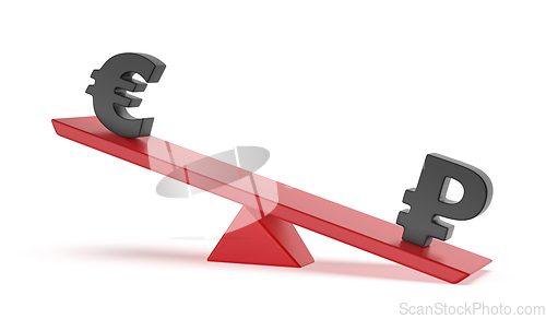 Image of Russian ruble versus Euro on seesaw