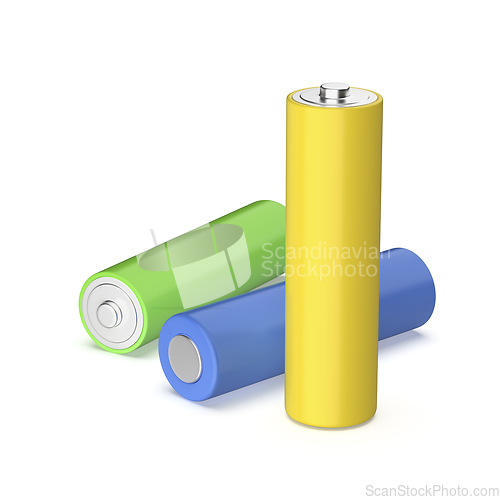 Image of Three AA size batteries with different colors