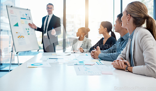 Image of Chart, ceo and business people in a meeting presentation planning, talking or speaking on sales growth and our vision. Mentor, leadership and marketing manager coaching a global team or office group