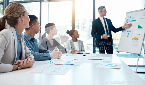 Image of Presentation, data and manager in a meeting about finance, sales and company growth at work. Corporate employees in business workshop for analysis of charts, financial analytics and strategy as team