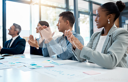 Image of Applause, celebration success and business people meeting for kpi update, finance profit and company innovation lens flare. Corporate team or group clapping hands for office target goal achievement