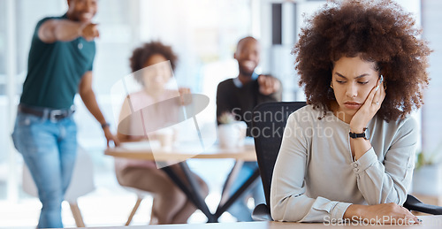 Image of Workplace, gossip and bullying business people for Human Resources, mental health or office compliance. Corporate staff whisper of black woman with management problem, hr policy and depression risk