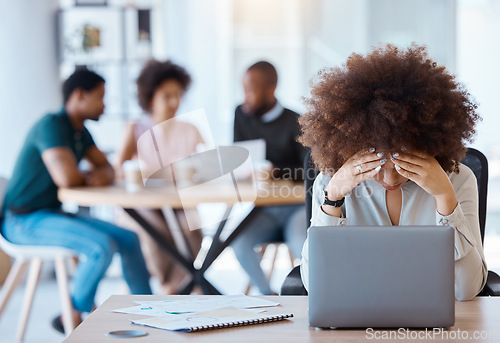 Image of Business woman stress, burnout or laptop anxiety with 404 error, financial stress or mental health at work. Depression, tired or headache from tax, audit or company finance review report tech glitch