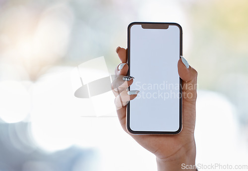 Image of Woman, hands and phone with mockup space for travel app marketing, gps logo or map design ux for tourist travel. Zoom, 5g mobile or communication technology with mock up for social media advertising