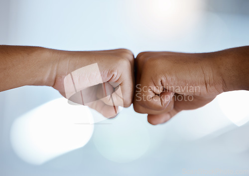 Image of Fist bump, support and employees meeting for partnership, collaboration or business together at work. Hands of corporate workers greeting with thank you, motivation or trust in a goal and strategy