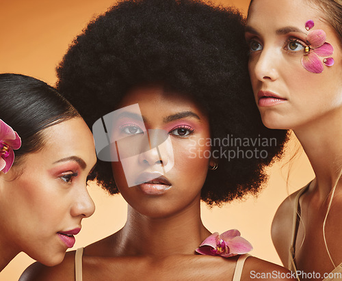 Image of Beauty, flowers and women portrait in studio, natural, skin and plant based organic product against a brown background. Diversity, makeup and friends skincare for different face, texture and grooming