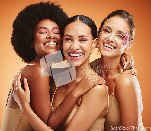 Image of Beauty, skincare and diversity with model woman friends on a brown background in studio for health or wellness. Portrait, empowerment and natural with a female group posing together for inclusion