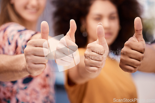 Image of Thumbs up, success and goal of people in community with solidarity, agreement and achievement. Union of social change group with approval hands together for yes, victory and teamwork cropped.