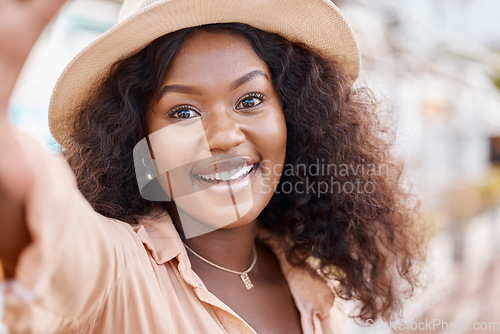 Image of Black woman, selfie portrait and city street fashion, face and influencer summer lifestyle, happiness and relax on vacation outdoors. Smile, happy and tourist black girl taking photos on social media