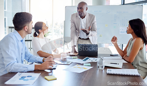 Image of Businessman leadership speaking to employee for coaching, mentorship and economy planning in corporate company, office and discussion. Black man financial conversation, presentation and meeting staff