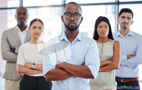 Image of Diversity, serious and corporate team portrait with arms crossed in expert legal office workspace. Multicultural and professional lawyer company with assertive and smart people standing together.