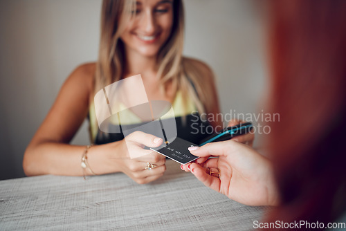 Image of Customer hand payment using credit card, machine or 5g technology for luxury retail sale. Manager, store owner or employee with internet nfc to tap, scan for the bill restaurant, store or coffee shop