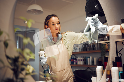 Image of Thinking, depression and cleaner cleaning dust at a salon with bored, sad and stressed thoughts. Depressed, mental health and thoughtful woman tired and unhappy with memory of failure and loss alone