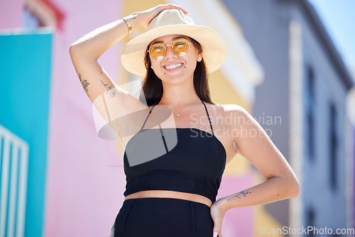 Image of Happy woman on holiday, spring portrait city adventure and weekend lifestyle in Los Angeles. Summer fashion sun hat, smile and young Asian gen z girl on urban travel vacation and happiness in a town