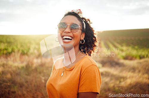 Image of Happy, farm and black woman on holiday in the countryside of Colombia for adventure, peace and calm in summer. Face portrait of African girl with smile for travel vacation in agriculture and nature