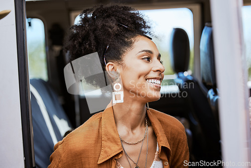 Image of Happy, smile and woman in caravan on road trip, adventure or journey in summer in the countryside. Happiness, travel and girl from Puerto Rico sitting in van on vacation, holiday or getaway in nature