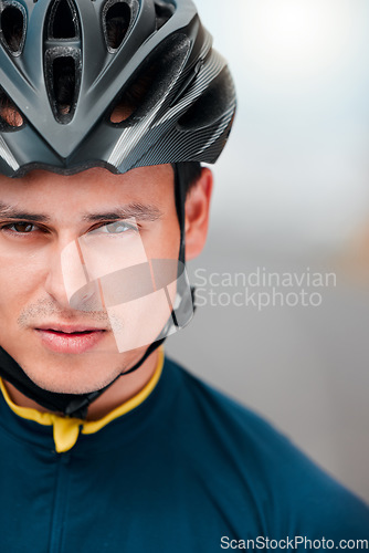 Image of Sports man, cycling and face of cyclist looking ready, cool and determined while training outdoors. Mindset, motivation and portrait of athlete biking outside, proud, serious and fitness goal