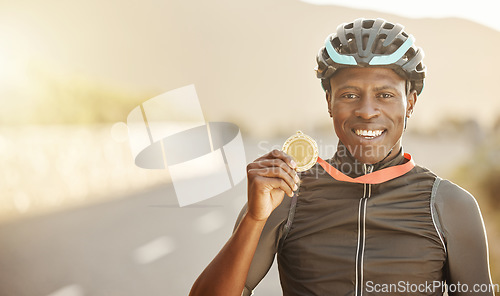 Image of Cycling, marathon winner and gold medal by happy man holding, showing and celebrate success in road. Win, celebration and portrait of cyclist excited about fitness, health and endurance competition