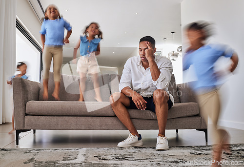 Image of Stress, headache and father with adhd kids running, jumping and playing in family home or house living room. Mental health, burnout or anxiety for parent with autism, energy and hyper active children
