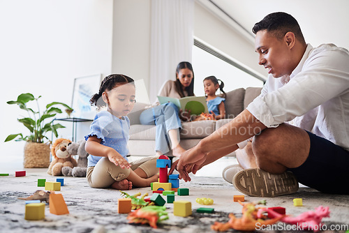 Image of Family, learning and building toy by girl and father bond living room floor, playing, relax and creative puzzle fun. Education, child development and parent teaching child to build, shapes and color