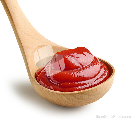 Image of tomato sauce in wooden ladle