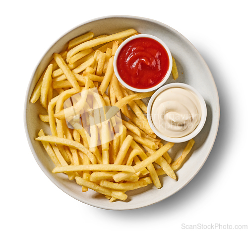 Image of french fries with ketchup and mayonnaise