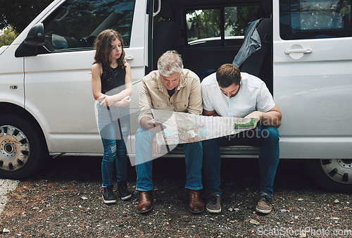 Image of Travel, car and family with map for direction, transportation support and planning course journey on Canada road trip. Kid girl, grandpa, dad on auto SUV van, vacation and lost driver search for way