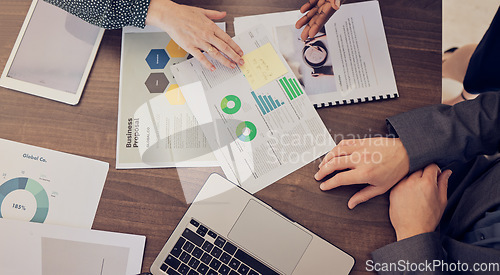 Image of Top view, hands or laptop with chart documents, infographic research or startup proposal budget. Business people, technology or data analysis paper of company finance or creative marketing accounting