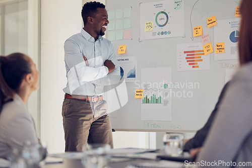 Image of Presentation, strategy and marketing with businessman in meeting for research, chart analytics or planning workshop. Review, collaboration or vision with employee consulting for goals, data or growth