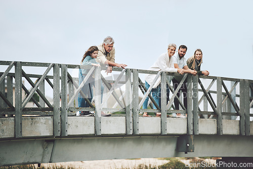 Image of Big family, bridge and happy travel, vacation or holiday trip together outdoors. Family, generations and mom, dad and girl, grandma and grandpa spending time together, love and bonding in Canada.