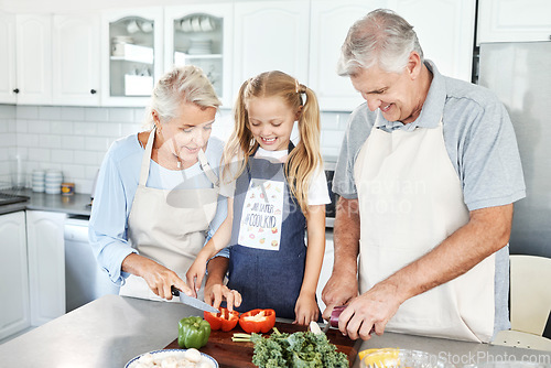 Image of Grandparents, girl child in kitchen and cooking healthy food with vegetables on cutting board for happy family lunch at home. Natural, organic nutrition and clean diet for senior people in retirement