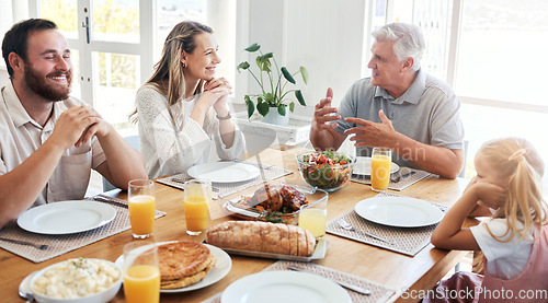 Image of Happy family, parents and old man with child for food, lunch or dinner gathering on holiday celebration at home. Smile, mother and grandfather talking and enjoying a conversation with girl and dad