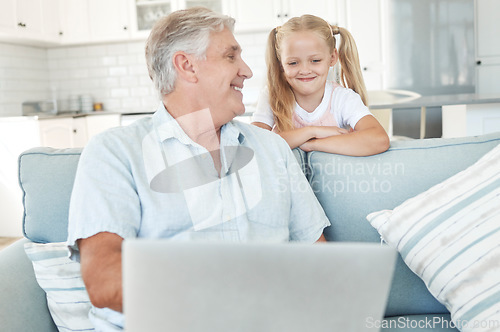 Image of Laptop, elearning and senior family with child for online education, kids website communication and internet teaching at home on sofa. Grandfather and girl with technology play internet game together