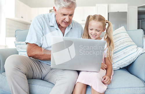 Image of Grandfather, girl and child with laptop on sofa for education, learning or gaming together on internet in home. Senior, man and kid on couch with computer for video, homeschool or fun in living room