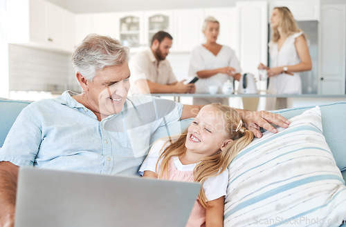 Image of Laptop, child and grandfather with comic video on the Internet and the living room sofa of their house. Girl with smile for subscription service on tech with funny movies and an elderly man