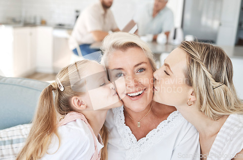 Image of Grandma, family and child giving a kiss on cheek and senior woman with smile sitting with mother and child on sofa at home. Portrait of happy grandparent bonding with girl and daughter on mothers day