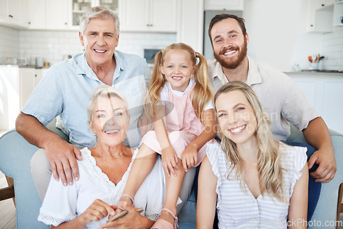 Image of Family, happy and together, love and bonding in portrait in the family home. Grandparent, parent and young girl, generation and spending quality time, happiness and smile on sofa in living room.