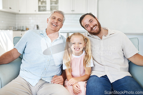 Image of Portrait in home, girl with dad and grandfather on living room sofa in Australia. Happy family with senior grandparent, smile together in lounge and elderly generation man relax on couch with child