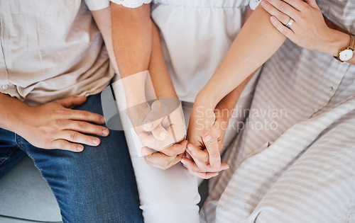 Image of Senior family holding hands for help, support and empathy after cancer results, dementia or sad death news. Zoom of people with retirement or elderly hand together for trust, love and mental health