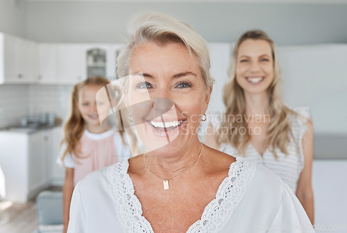 Image of Senior, retirement and family with a grandmother, woman and girl in their home together during a visit. Happy, smile and generations with an elderly female pensioner and her relatives in a house