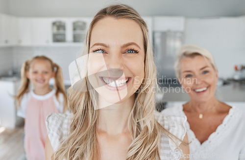 Image of Mom, happy and portrait of family with foreground in house with cheerful smile of single parent. Love, mother and joyful family home of women with young child and grandparent living together.