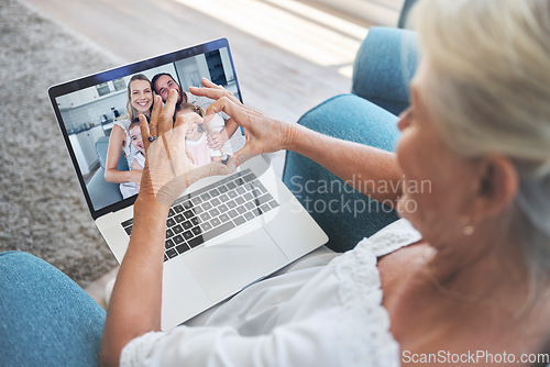 Image of Happy family, heart and grandma on a video call via laptop internet connection loves talking to kid and grandchildren. Online, grandmother and parents with kids enjoying a virtual conversation in USA